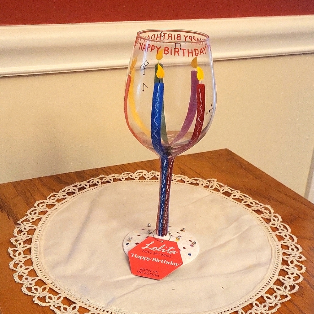 - - Lolita hand painted Happy Birthday wine glass